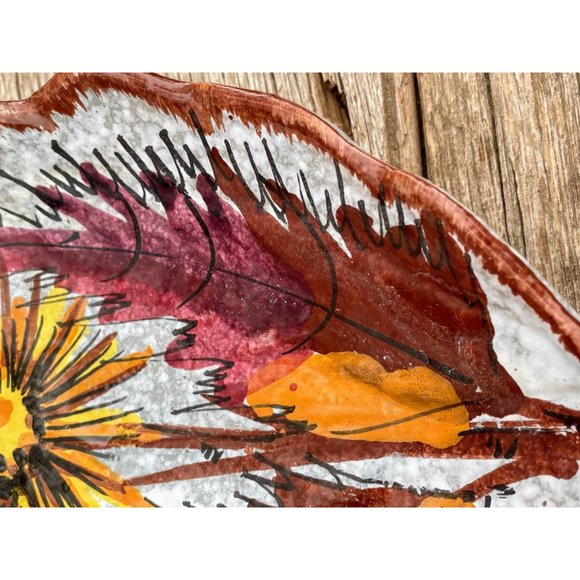 Vintage Italy Pottery Leaf shaped Nut/candy dish MCM Abstract Flowers - Picture 6 of 7